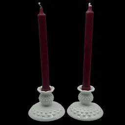 Vintage Pair Of Fenton Hobnail Candle Stick Holders With Deep Red Candles, 3-1/2” High And 4” Wide
