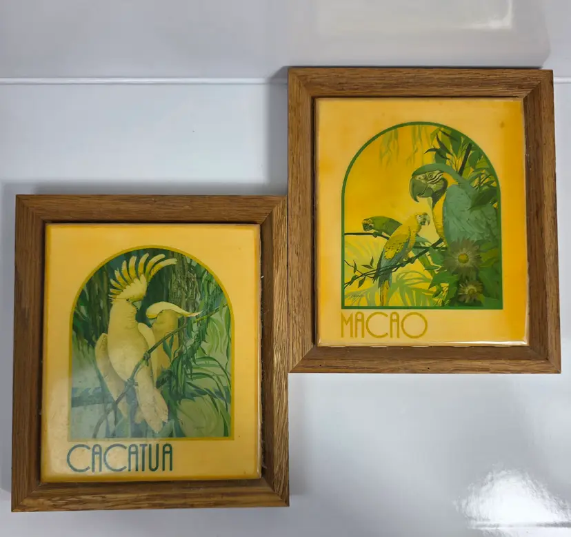 Vtg Art Deco Parrot Tiles Framed Pair Cacatua Macao Ceramic Wall Art Oak 2pc