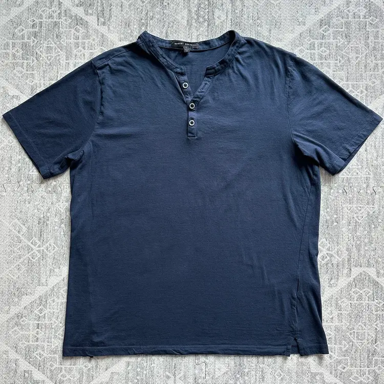 Robert Barakett Dark Blue Magog SS Henley Cotton Button Up Tee Shirt Size L