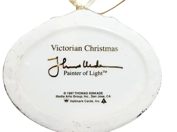 Vintage Hallmark Ceramic Christmas Ornament 1997 Thomas Kinkade Gold Tone Frame