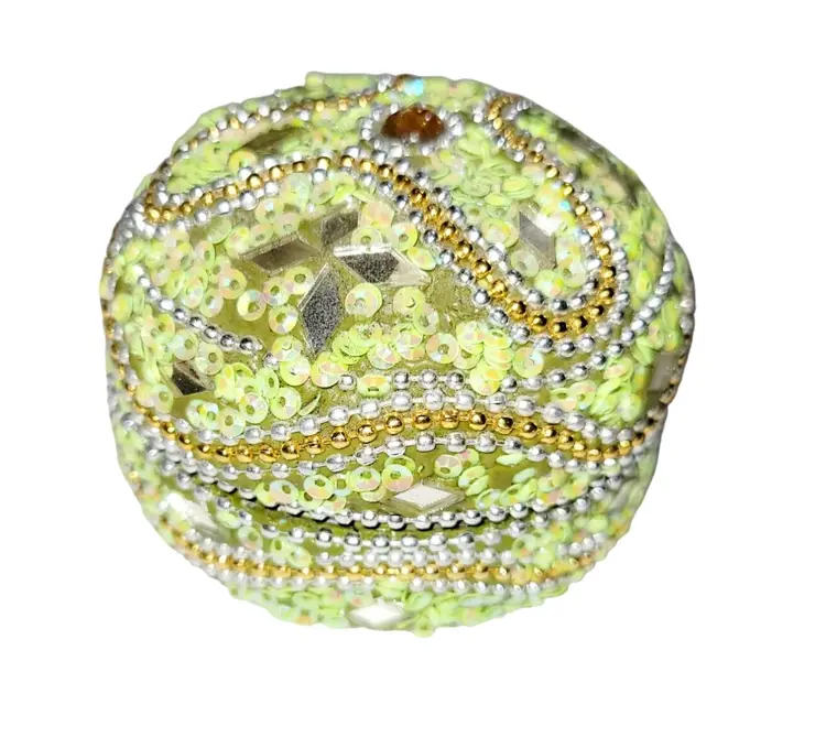 Vintage Round Nesting Trinket Boxes Green Beaded and Mirrored Four in One