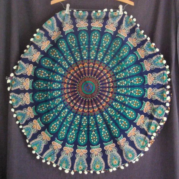 Boho Tribal Indigo Blue Large Round Pillow Cover Pom Pom Decor NWOT