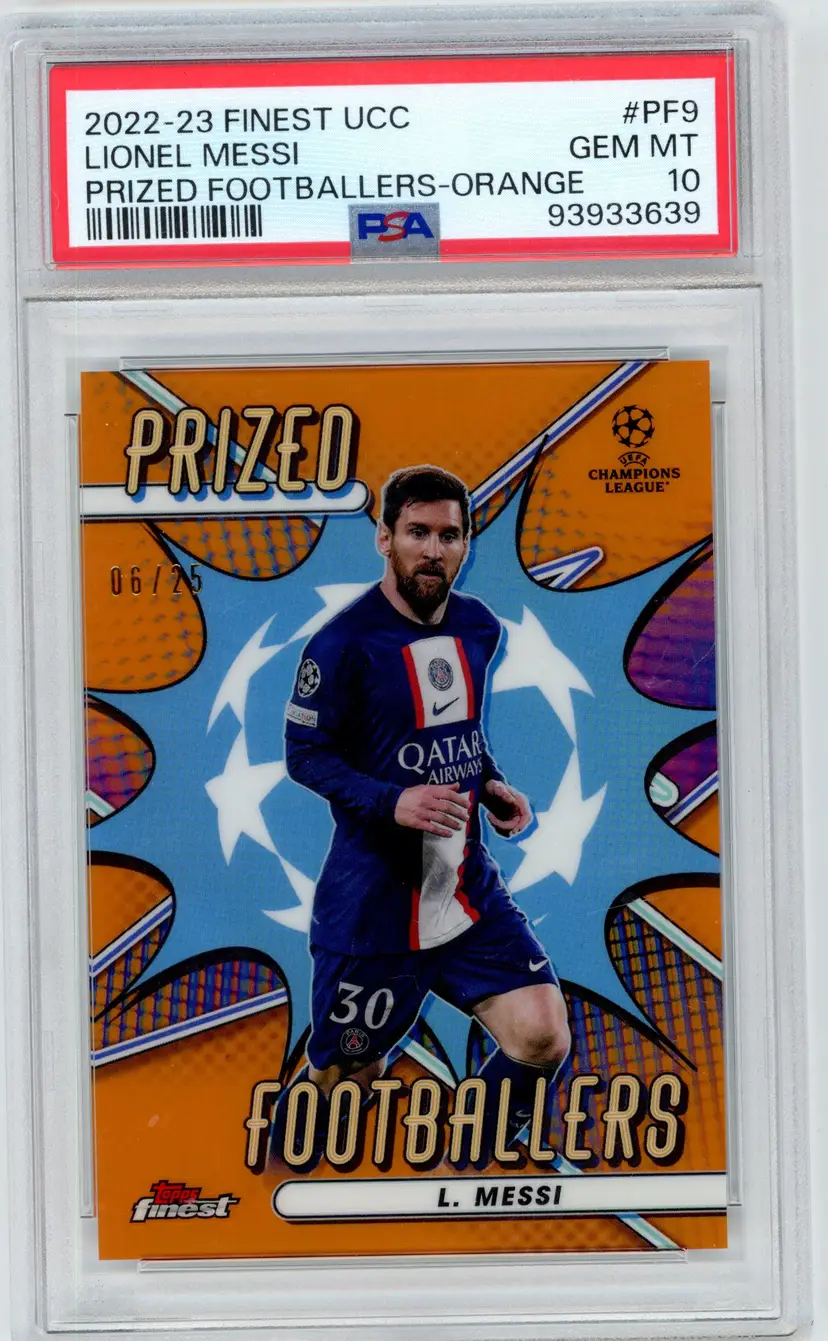 2022-23 Finest UCC LIONEL MESSI #PF9 /25 Prized Footballers Orange SP PSA 10 GEM MT