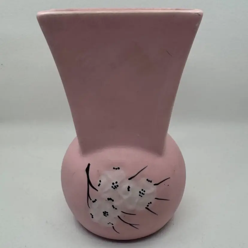 Vintage McCoy pottery vase with pink matte finish and dogwood design. 2 Available For Separate Purchase