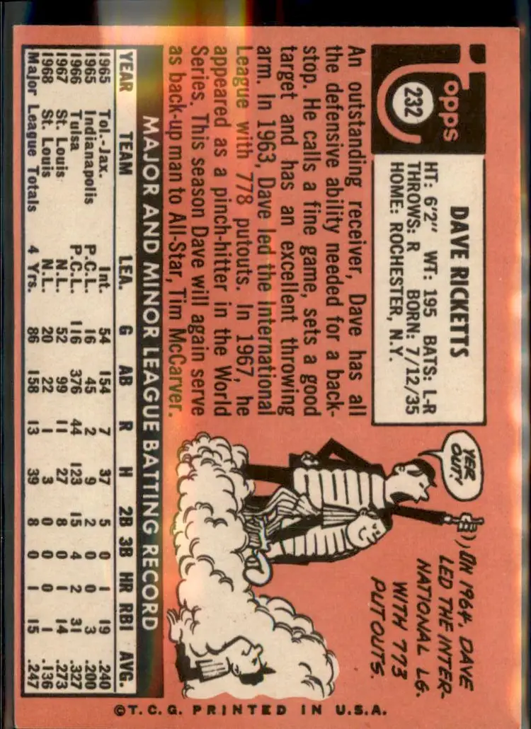 1969 Topps #232 Dave Ricketts - (pk3) - St. Louis Cardinals