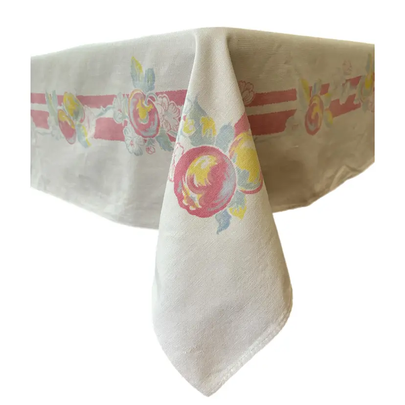 1950s Cotton Fruit Kitchen Tablecloth  Apple Blossoms Cottage Core Vintage READ