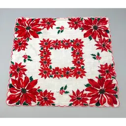 Vintage Christmas Poinsettia Handkerchief Red & Green Scalloped Edge Square
