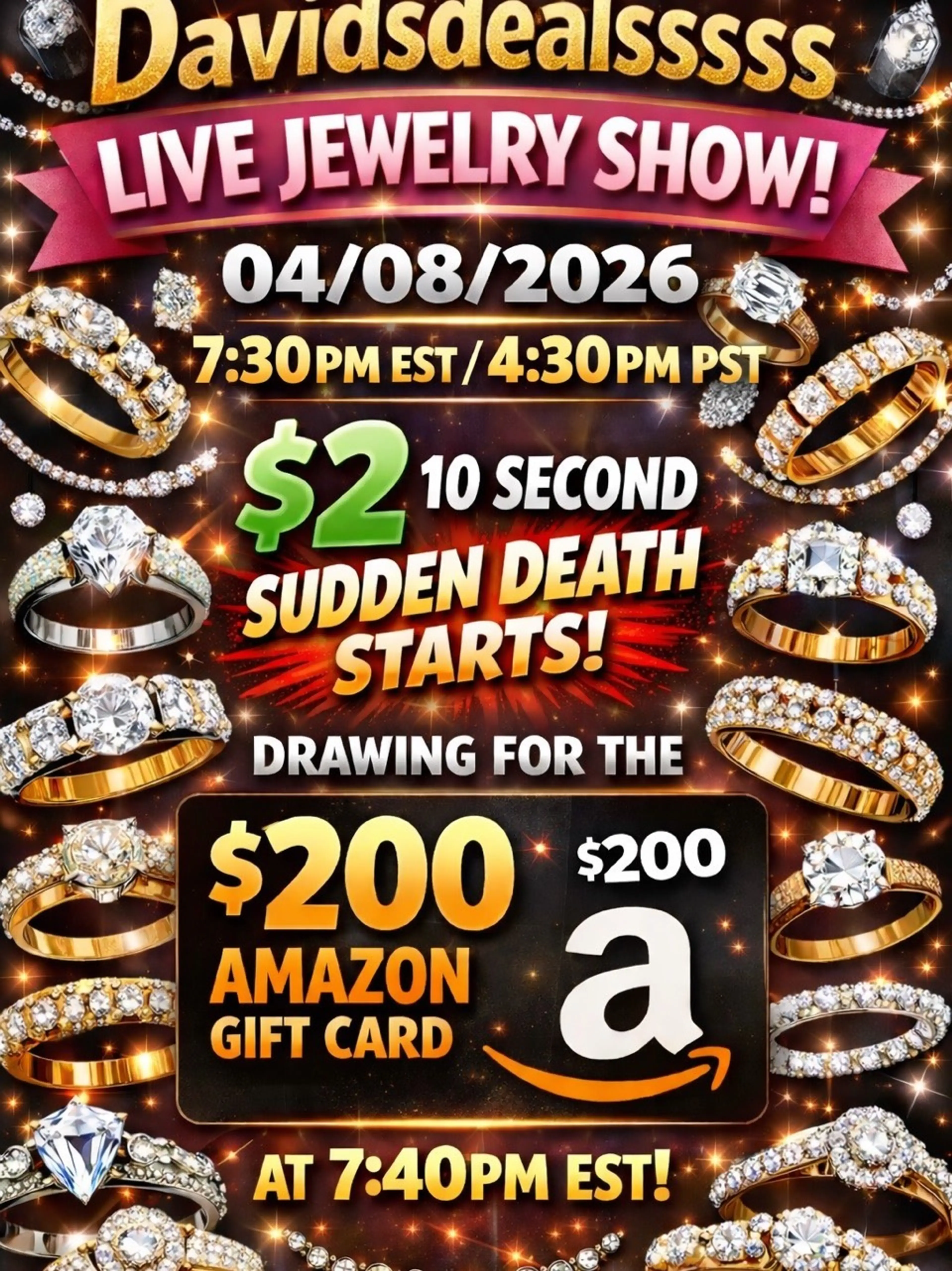 Jewelry $2 Sudden Death 10 Seconds  Drawing For The $200 Amazon Gift Card At 6:10pm Eastern 