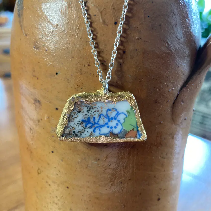 Broken Pottery Artisan Made Flower Pendant Fruit Plate Handcrafted Necklace 1.25 in x 5/8 in