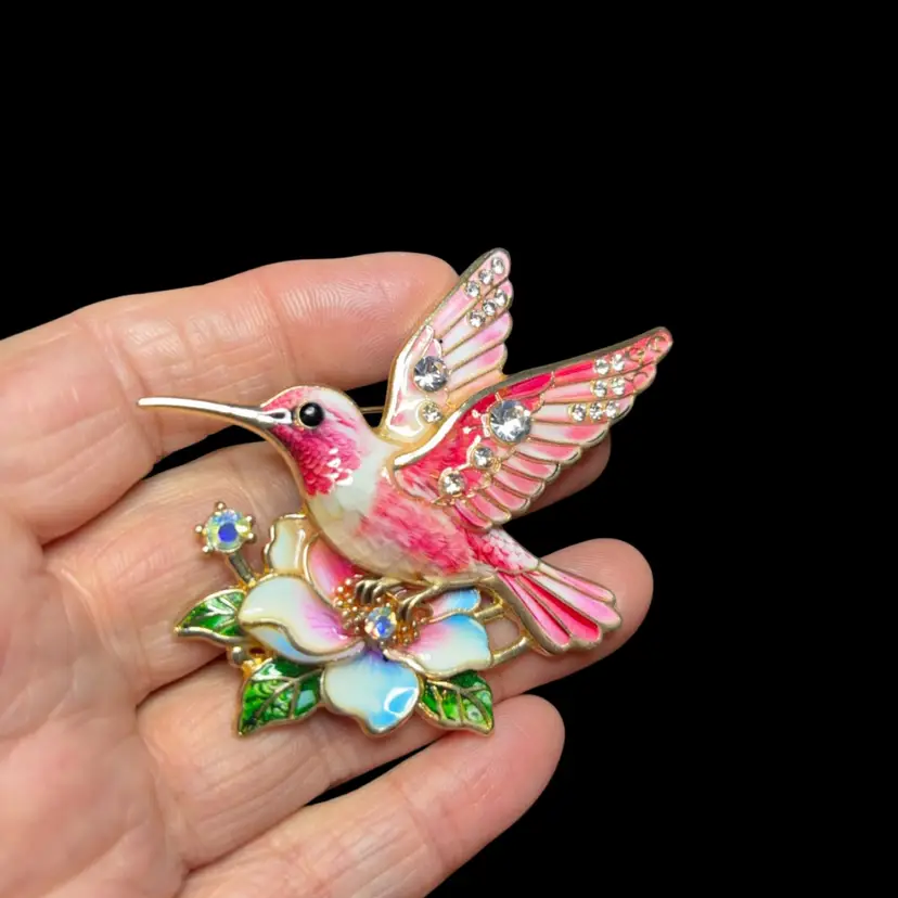 Hummingbird Brooch With Clear And Iridescent Gemstones