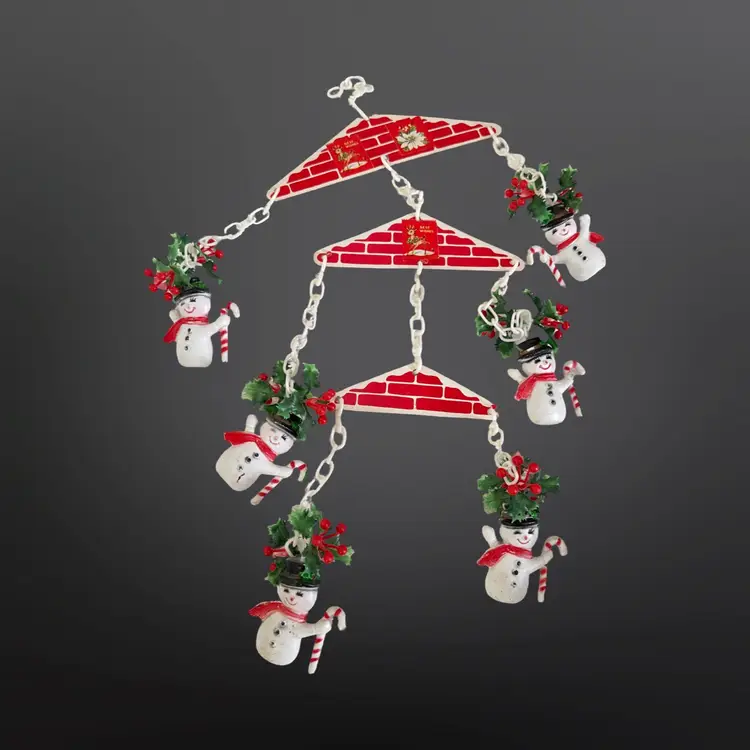 Vintage 3-Tier Christmas Mobile 6 Blow Mold Snowmen 1950s