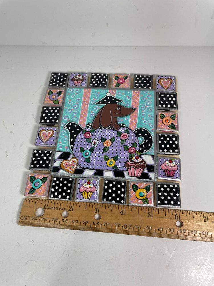 Hand Painted Tiles For Crafts Mosaic Dachshund In Teapot