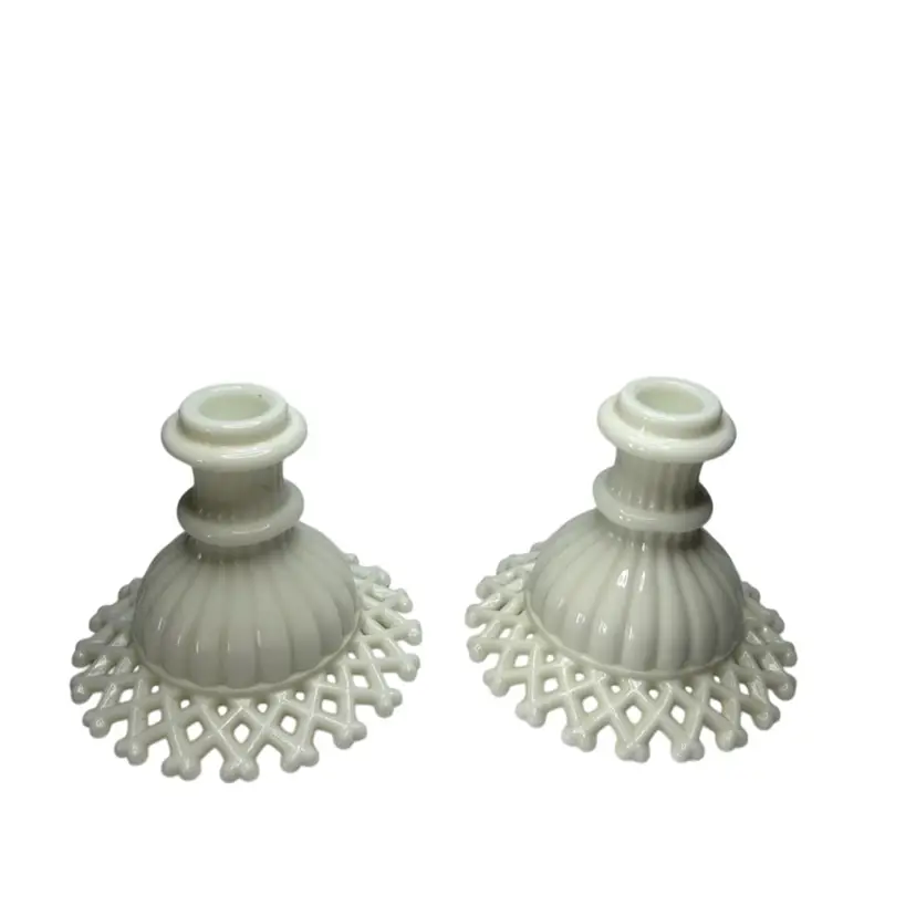 #01 Pair Of Westmoreland Milk Glass Lattice Edge Candle Holders 4 1/2x5