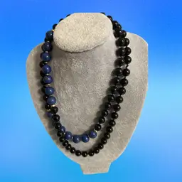 Vintage Gold Tone Beads, Lapis Black Onyx Prong Rhinestone Bead Necklace 18"