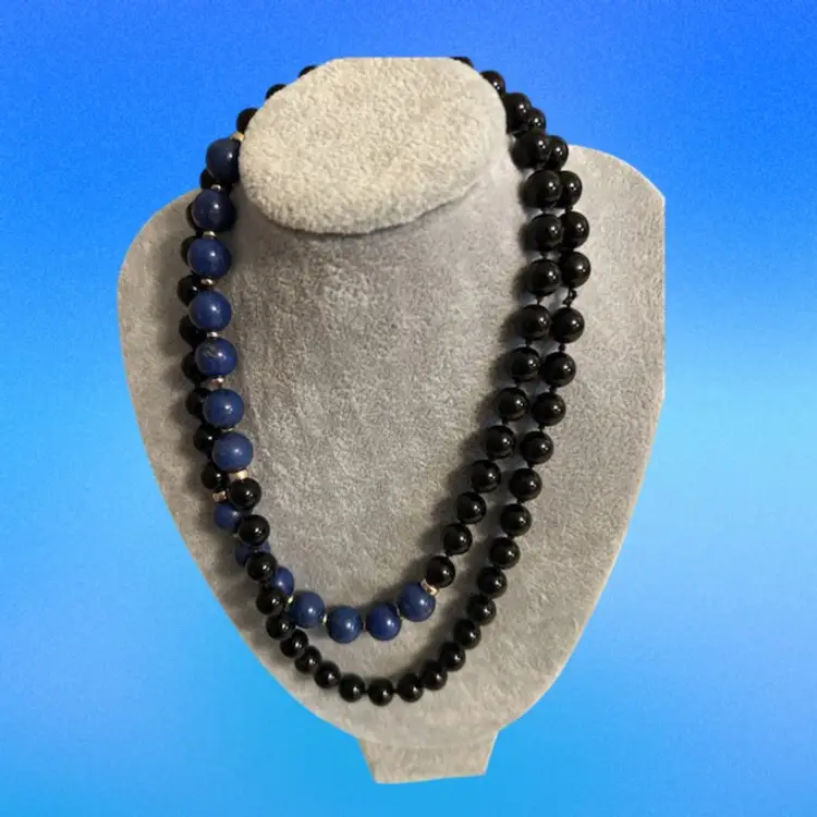 Vintage Gold Tone Beads, Lapis Black Onyx Prong Rhinestone Bead Necklace 18"