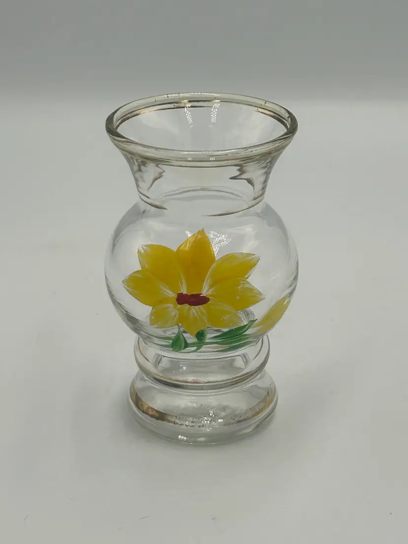 Vintage Small Hand Painted Glass Vase Yellow Flower With Gold Trim