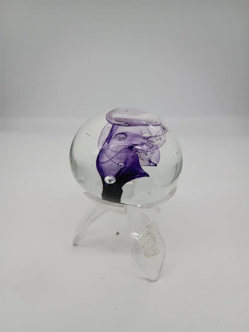 Vtg Karg Signed Hand Blown Art Glass Paperweight Purple Swirl Controlled Bubbles