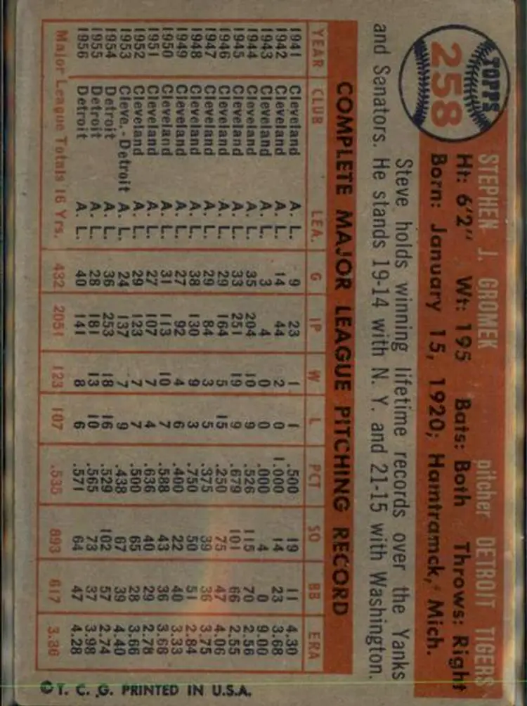 1957 Topps #258 Steve Gromek - ( pk1 ) - Detroit Tigers