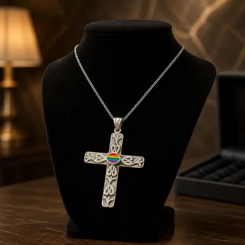 Vintage 925 Sterling Siver Cross Pendant w/ Rainbow Inlay Stone, 2.5"