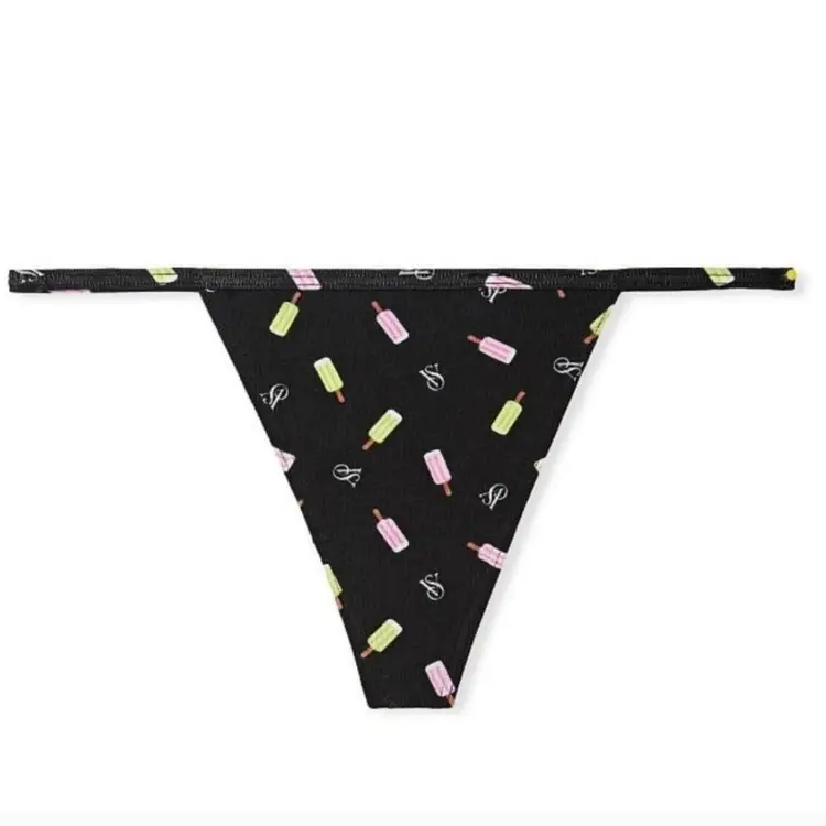XS- VICTORIA'S SECRETStretch Cotton V-String Panty Black Colorful Popsicles