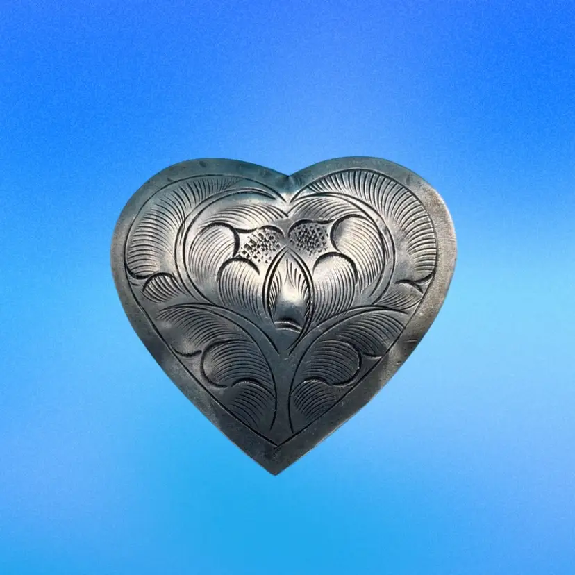 Vintage Engraved Heart Brooch, Silver-Tone Floral Etched Design, Western Style Pin