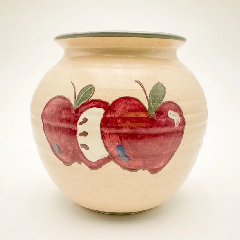Olde Cape Cod Stoneware Pottery Jar Apples Green Accents 6" H x 6" W