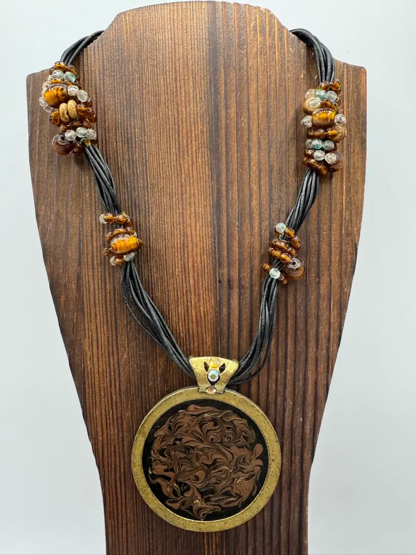 Chico’s Brown And Black Swirl Enameled Pendant Necklace With Glass Beads