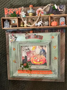 Halloween Distressed Pictured Green Frame Filled With Miniatures Decoupage Paper.
