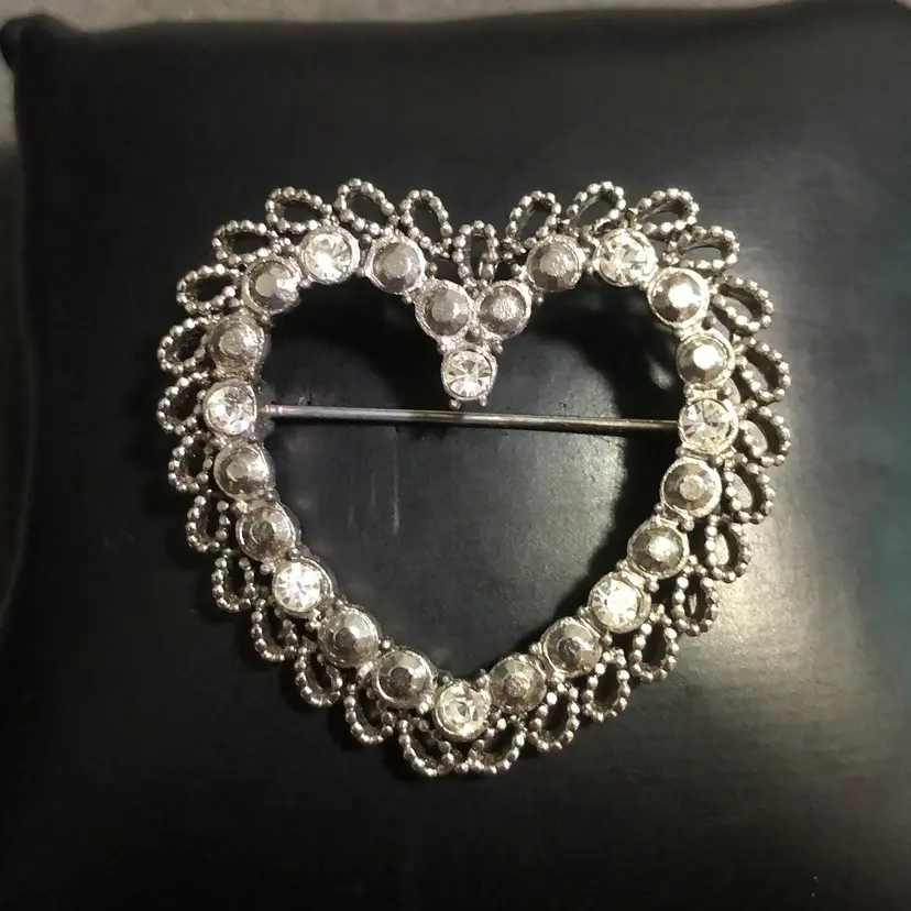 Vintage Silver Tone Marcasite Rhinestone Heart Brooch Pendant