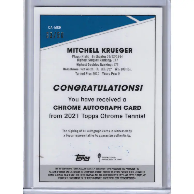 Mitchell Krueger Autograph Refractor #'d /50 Topps Chrome Tennis Card 2021