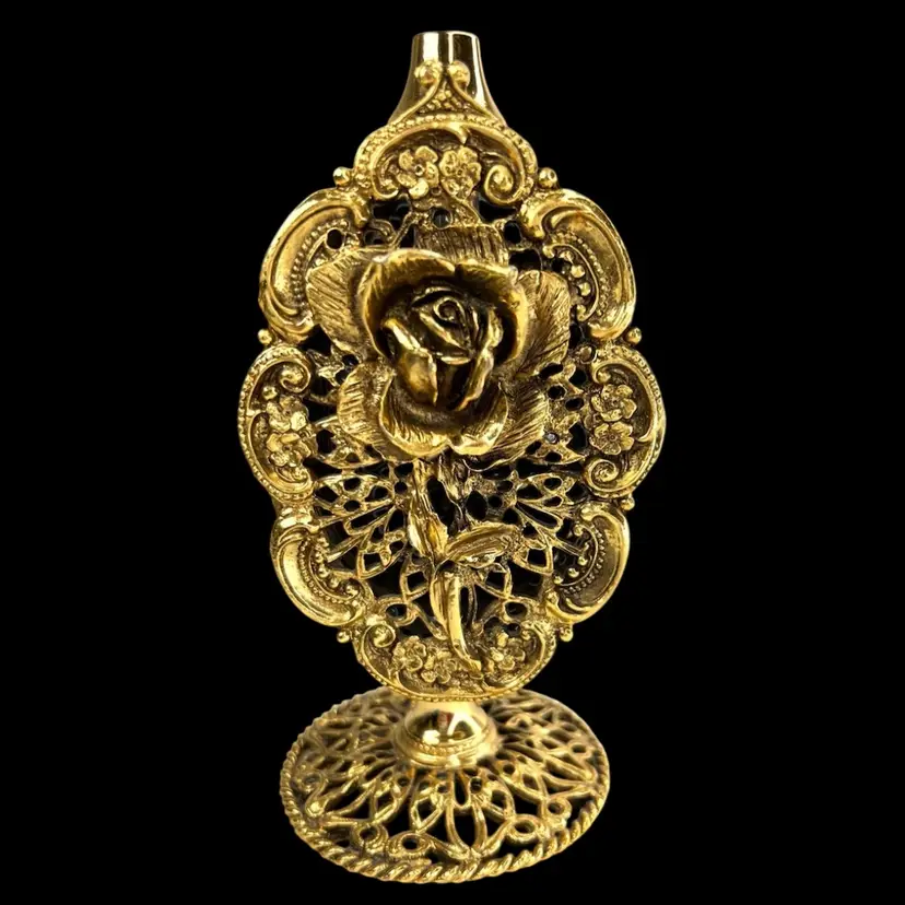 18K Gold Gilded Perfume Bottle w Roses 🌹 Design. ^No Dauber^. French Ormolu Technique - Ornate, Intricate, Gold Finishes Over Bronze, Heavy. Unsigned.