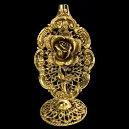 18K Gold Gilded Perfume Bottle w Roses 🌹 Design. ^No Dauber^. French Ormolu Technique - Ornate, Intricate, Gold Finishes Over Bronze, Heavy. Unsigned.
