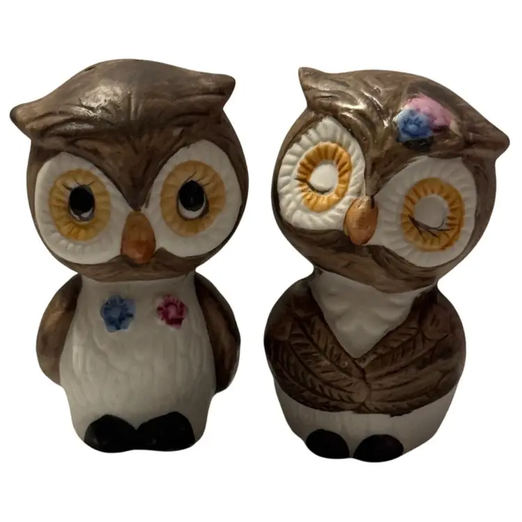 Vintage Owls Salt Pepper Shakers Stoppers Brown Ceramic Kitschy Korea 2.75" MCM