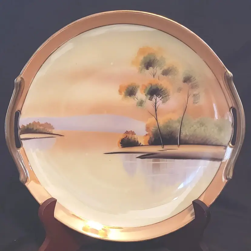 Porcelain Hand Painted Cake Plate with Handles Meito China Trees Meadow Water 9½"