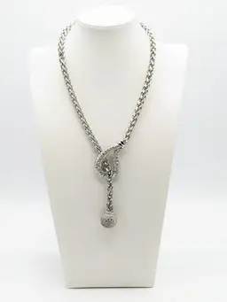 VF Chunky Lariat Necklace Rhinestone Accents Silver Tone