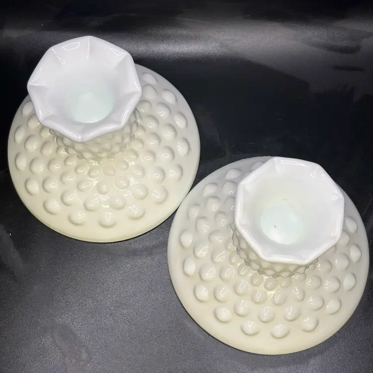 Pair Of White Milk Glass Hobnail Candleholders 3.5”