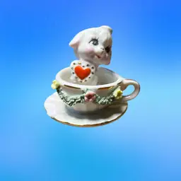 15. Vintage Enesco Dog In Teacup Figurine, Porcelain White Dog With Heart In Teacup and Saucer Figurine