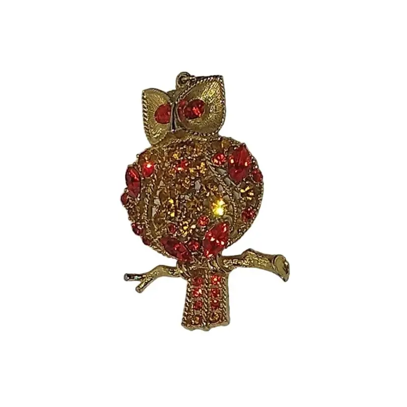 Vintage owl brooch/pendant. Orange/yellow on gold tone.