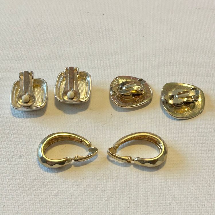 Set Of 3 Unsigned Vintage Gold/Silver Tone Clip-On Earrings - Blue Enamel, Slightly Dimensional, Matte Diamond Texture