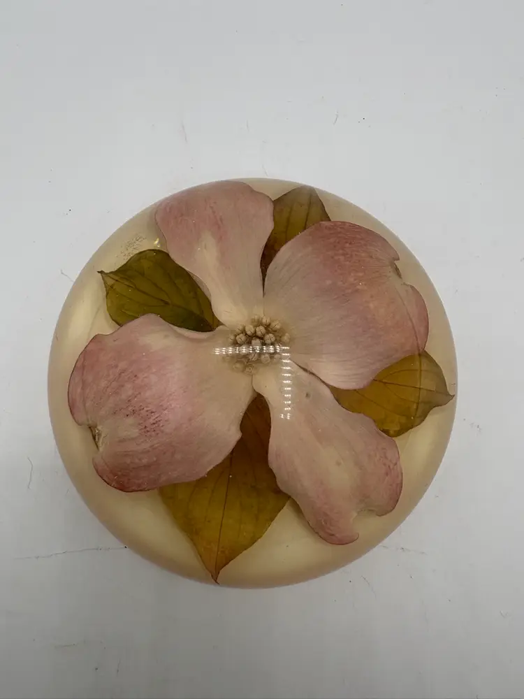 Signed W. Rolfe Acrylic Dogwood Paperweight 4”