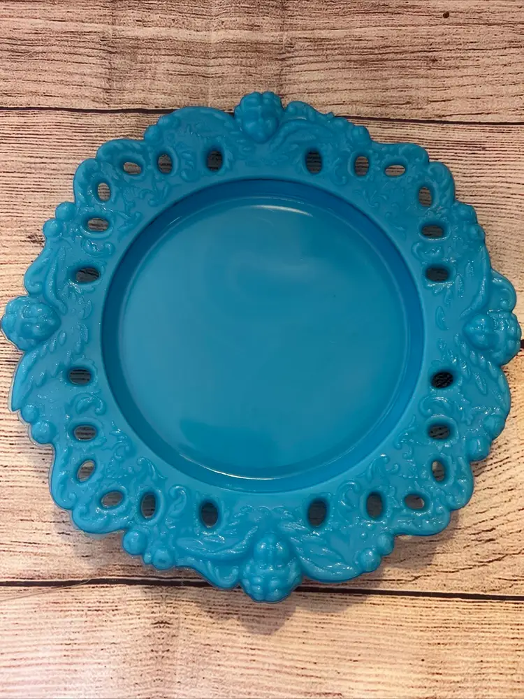 Antique Blue Opaline Cherub Plate Opaque Milk Glass Pierced Angels 9” Dithridge