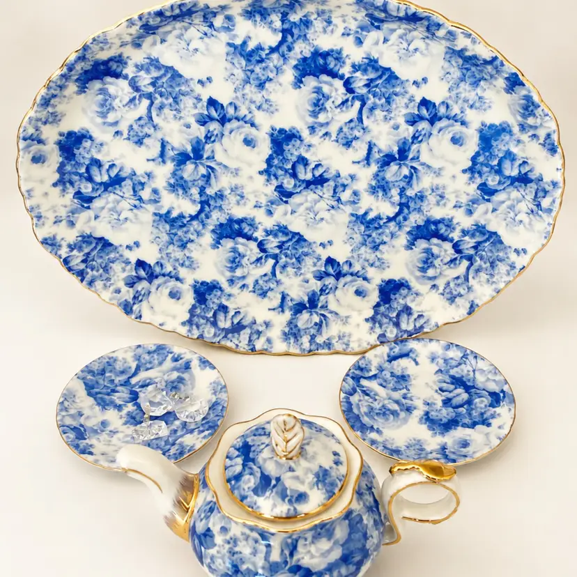 Blue Cottage Rose Chintz Porcelain Tea Set Trinket Trays 25k gold trim
