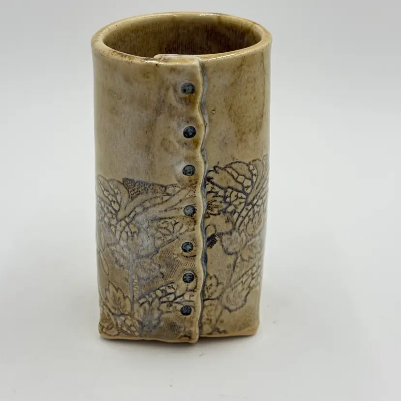 Colleen Diess Signed Handmade Slab Art Pottery Vase  With Pressed Floral Lace Design