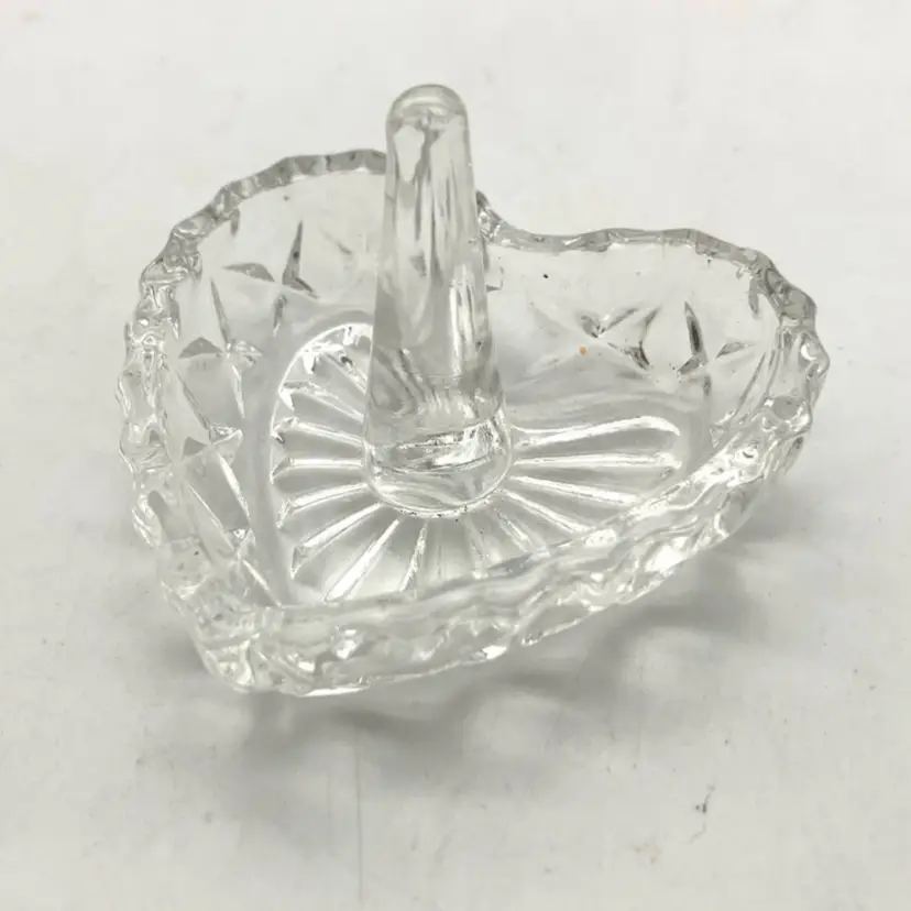 BIN- Vintage Pressed Glass Heart Shaped Ring Holder 3”