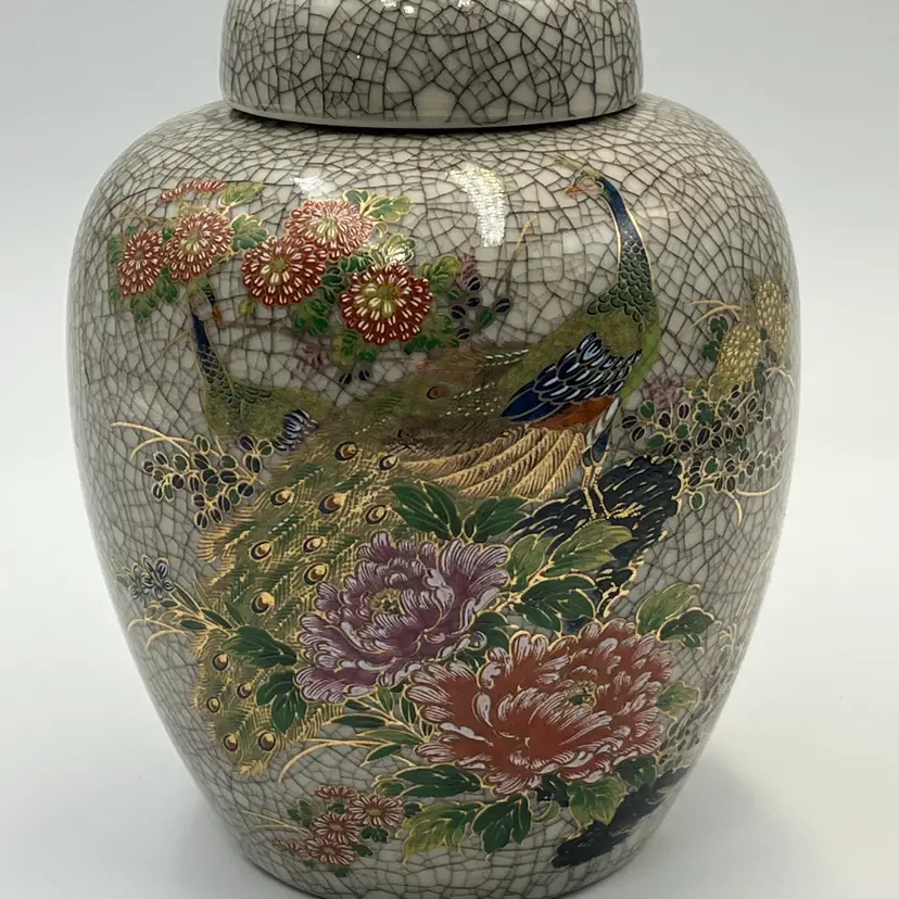 Vintage Japanese Peacock & Floral Ginger Jar