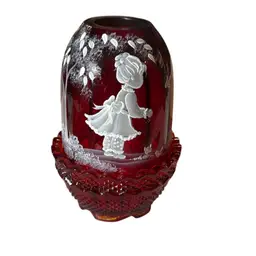 Nancy Fenton Signed Sur Jackson Mary Gregory Cranberry Glass Amberina Handpainted Fairy Lamp - 5”