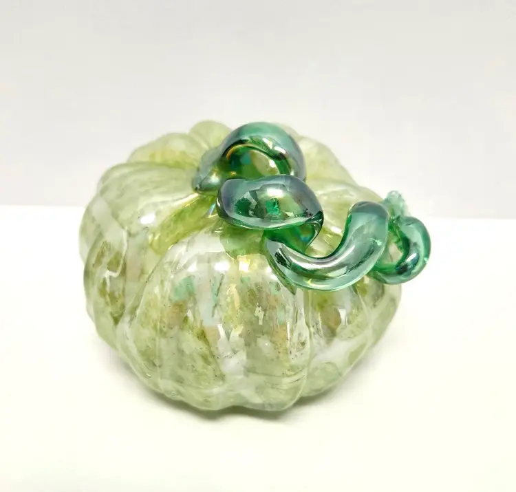 Hand Blown Iridescent Glass Pumpkin/Green Swirl/Light Green With Design & Emerald Green Stem/Fall Decor/Halloween/Art Glass