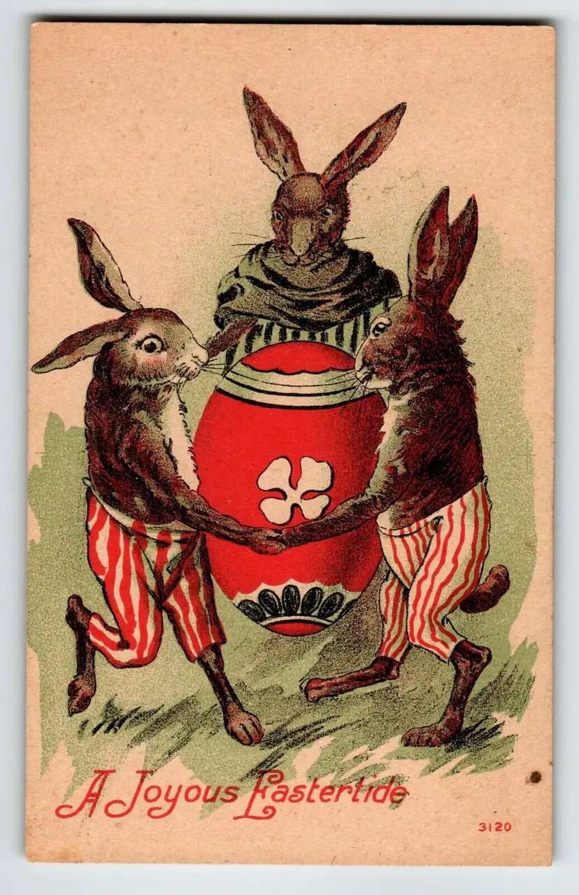 Easter Postcard Bunnies Dressed Rabbits Dancing By Egg Fantasy Anthropomorphic