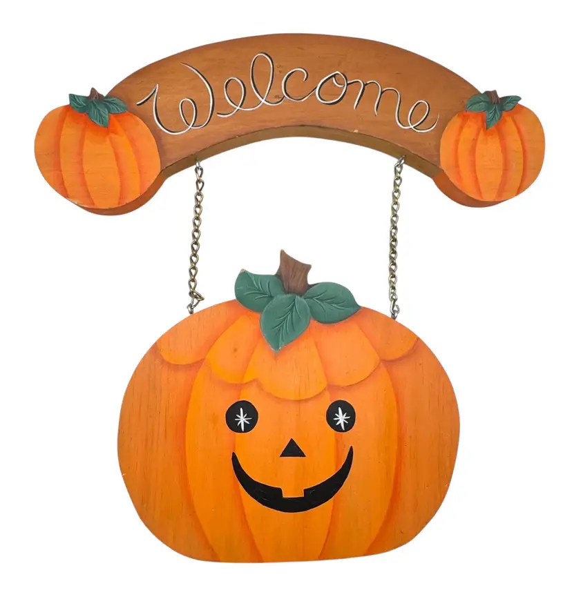 Vintage Halloween Autumn Fall Pumpkin Wood Hanging Door Welcome Plaque Sign 13”