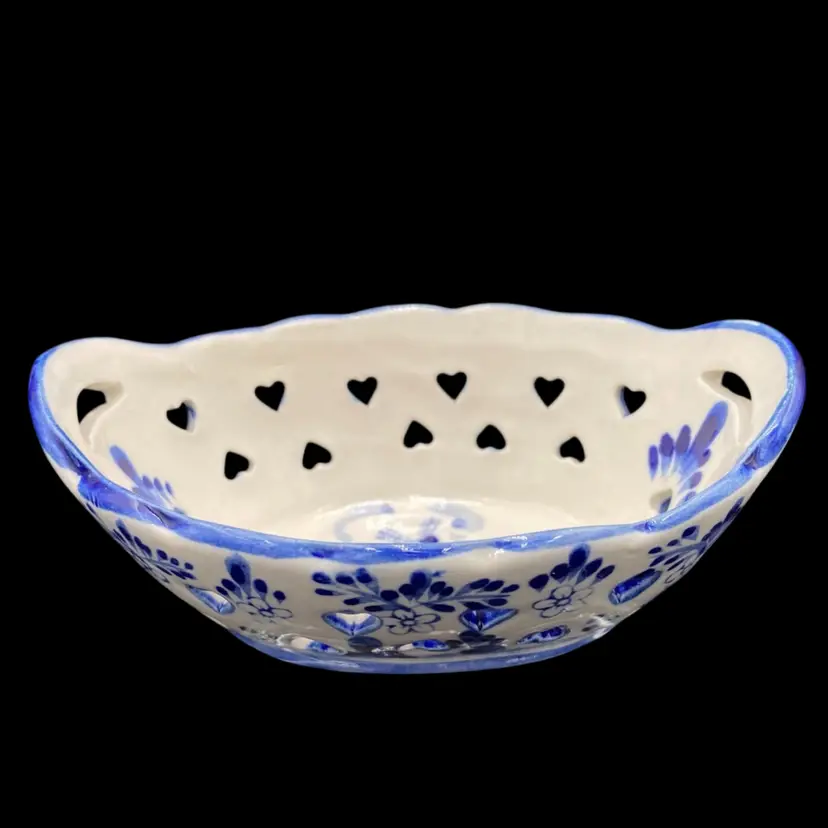 Vintage Delft Blue Dutch Oval Trinket Dish/Berry Bowl, Windmill Scene, Reticulated Hearts